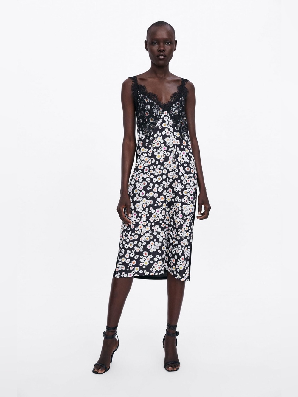 Zara Floral Lace-Trim Daisy Print Slip Dress in Black 90s Y2K Vibes